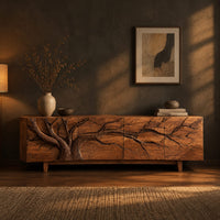Tv stand with a carved branching tree across four front panels on tapered feet in a dark living room at golden hour