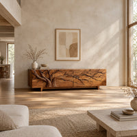 Tv stand with a carved branching tree across four front panels on tapered feet in a bright open plan living room