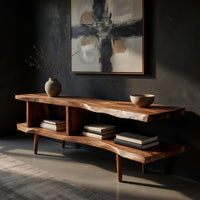 Split level live edge TV stand on tapered legs, three-quarter view showing the grain
