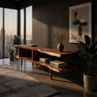 Split level live edge TV stand on tapered legs in a living room at golden hour