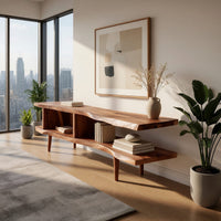 Split level live edge TV stand on tapered legs in a bright modern living room