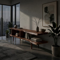 Split level live edge TV stand on tapered legs in a concrete and timber loft