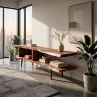 Split level live edge TV stand on tapered legs in an open plan space in daylight
