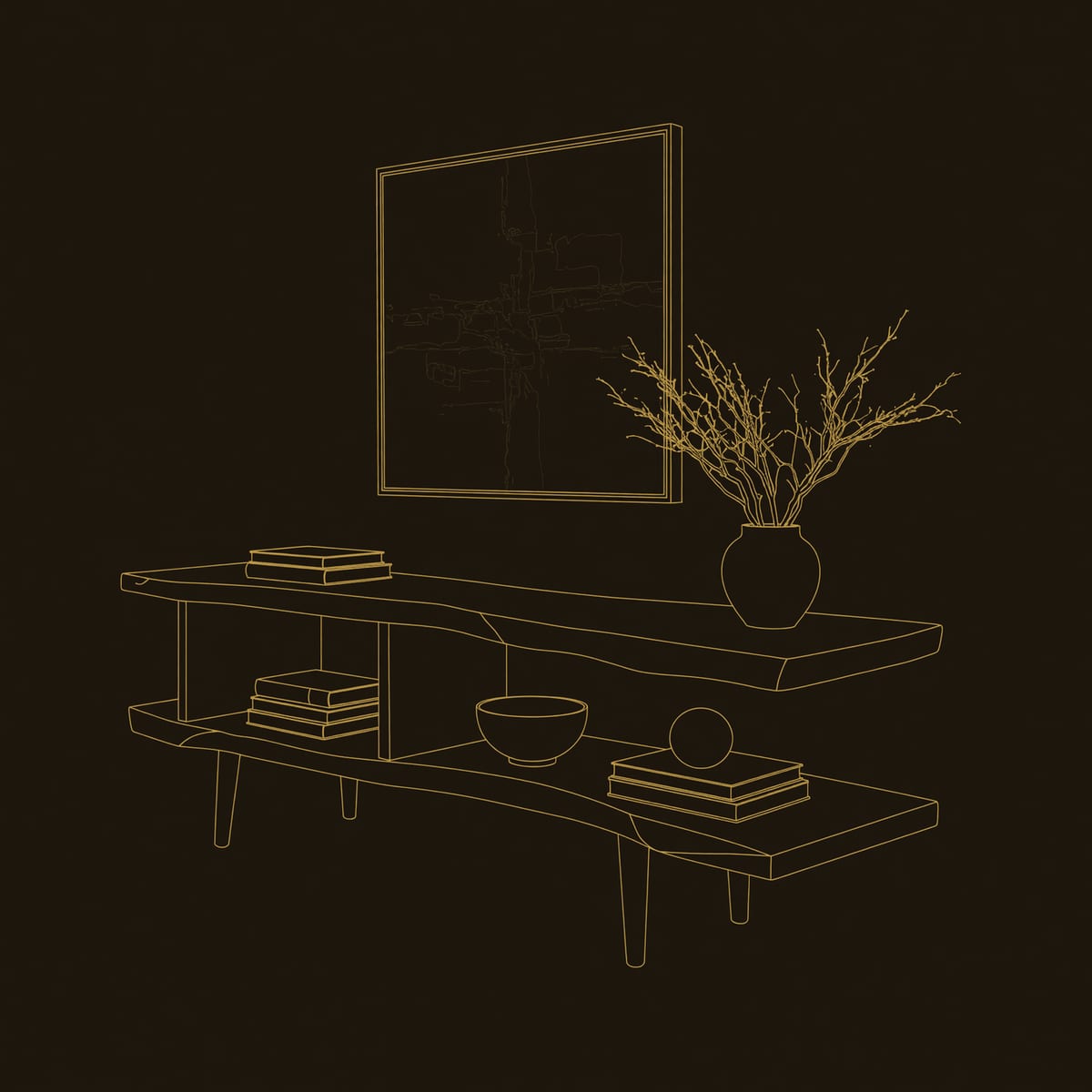 TV Stand with a Split Level Live Edge Top, in Solid Wood dimension diagram