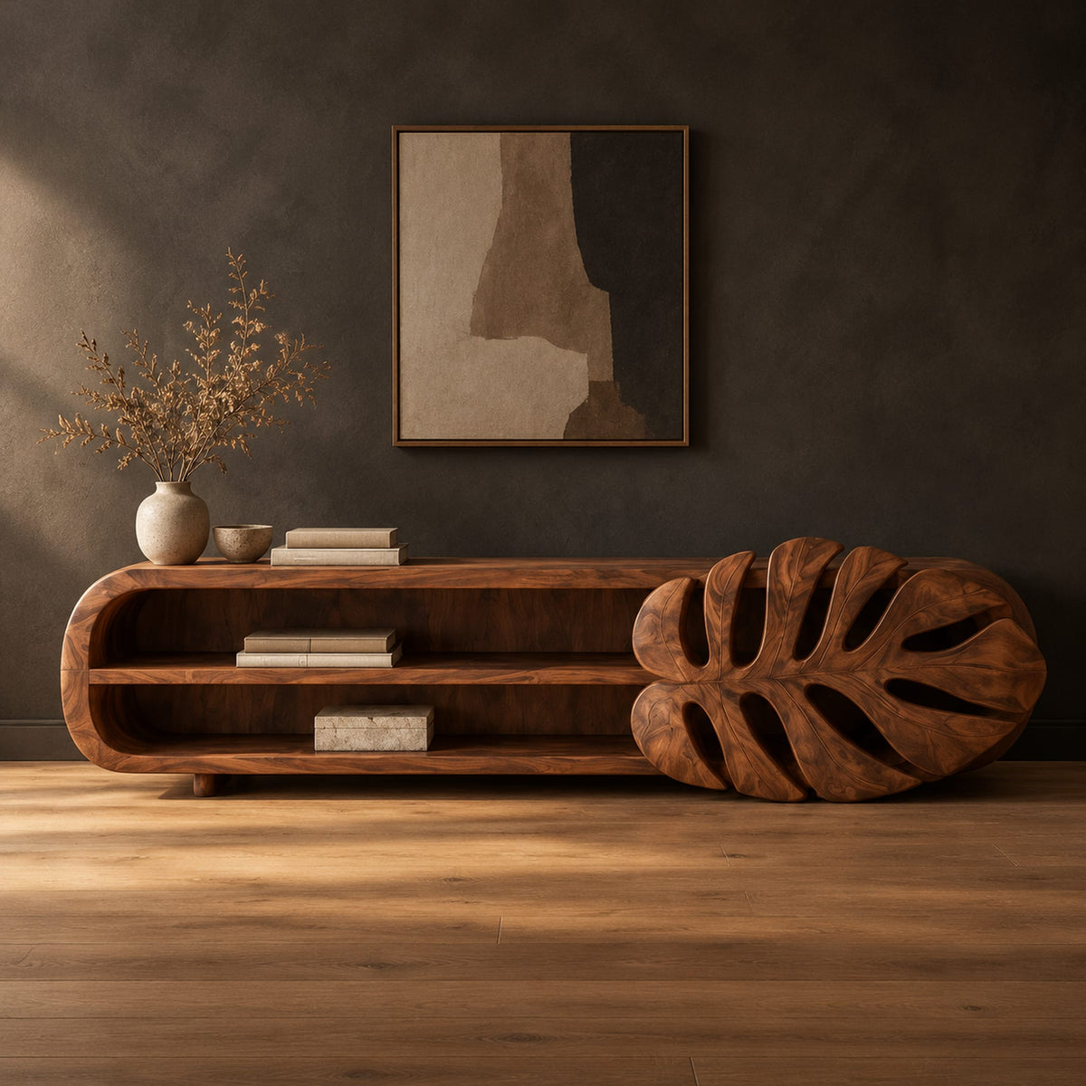 Low tv stand with two open shelves and a carved monstera leaf end in a dark studio against a charcoal plaster wall