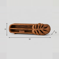 TV Stand With Carved Monstera Leaf End And Open Shelves dimension diagram with width, height and depth