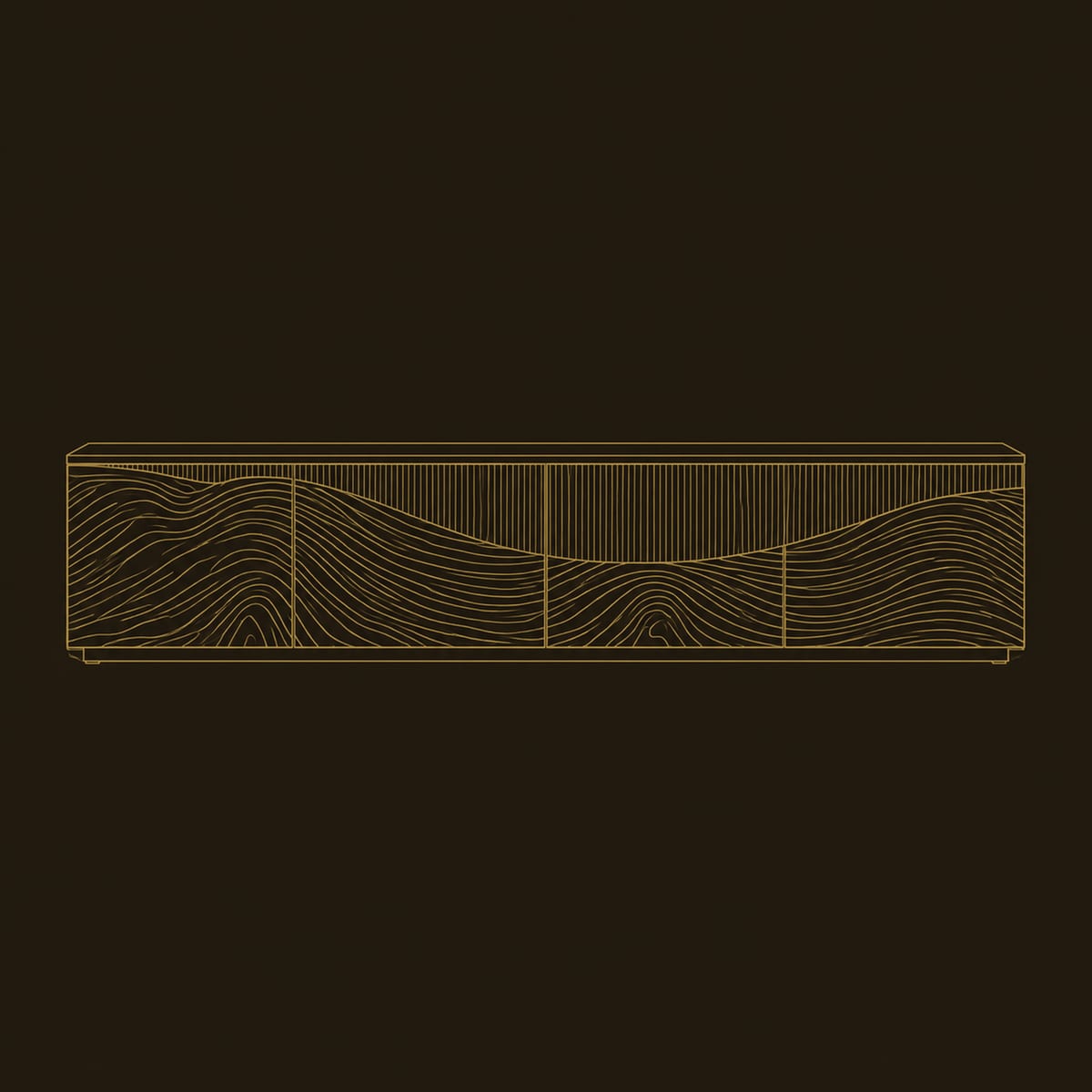 TV Stand With Flowing Carved Panels Under A Wave Edged Dark Top dimension diagram