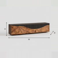 TV Stand With Flowing Carved Panels Under A Wave Edged Dark Top dimension diagram with width, height and depth