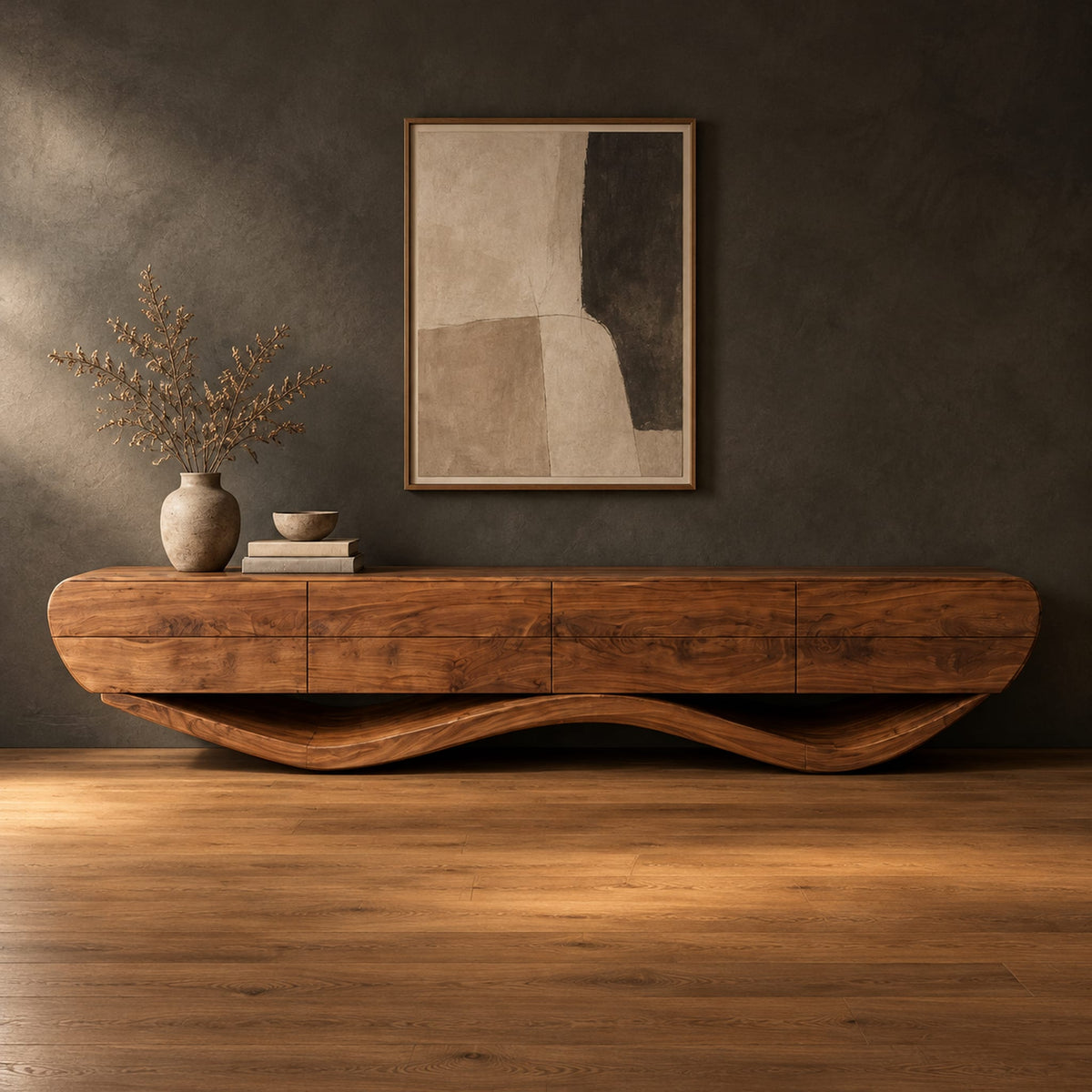 Low tv stand with a thick four panel body on a wavy ribbon base in a dark studio against a charcoal plaster wall