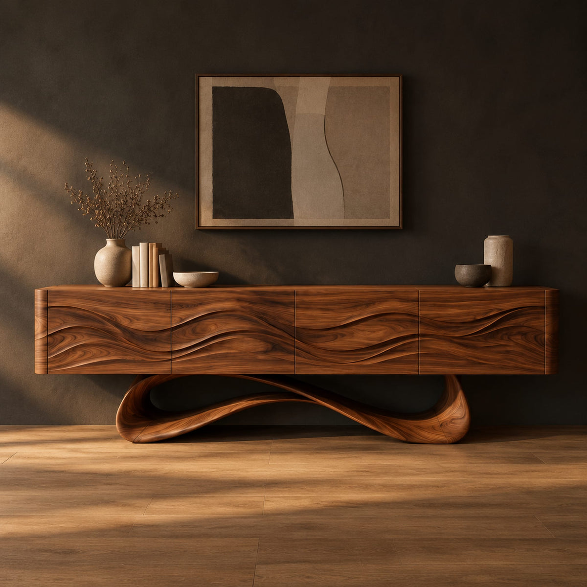 Tv stand with four wave carved panels on a looping pedestal base in a dark studio against a charcoal plaster wall
