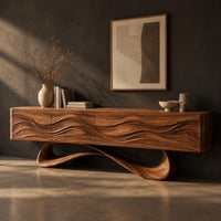 Tv stand with four wave carved panels on a looping pedestal base, three-quarter view showing the grain