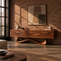 Tv stand with four wave carved panels on a looping pedestal base in an industrial loft living room with exposed brick