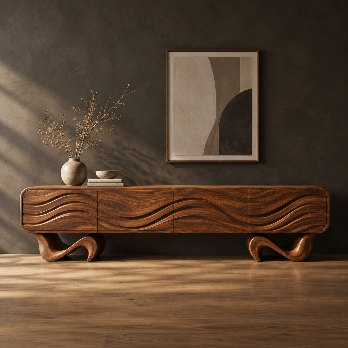 Tv stand with four wave carved panels on two twisting ribbon feet in a dark studio against a charcoal plaster wall