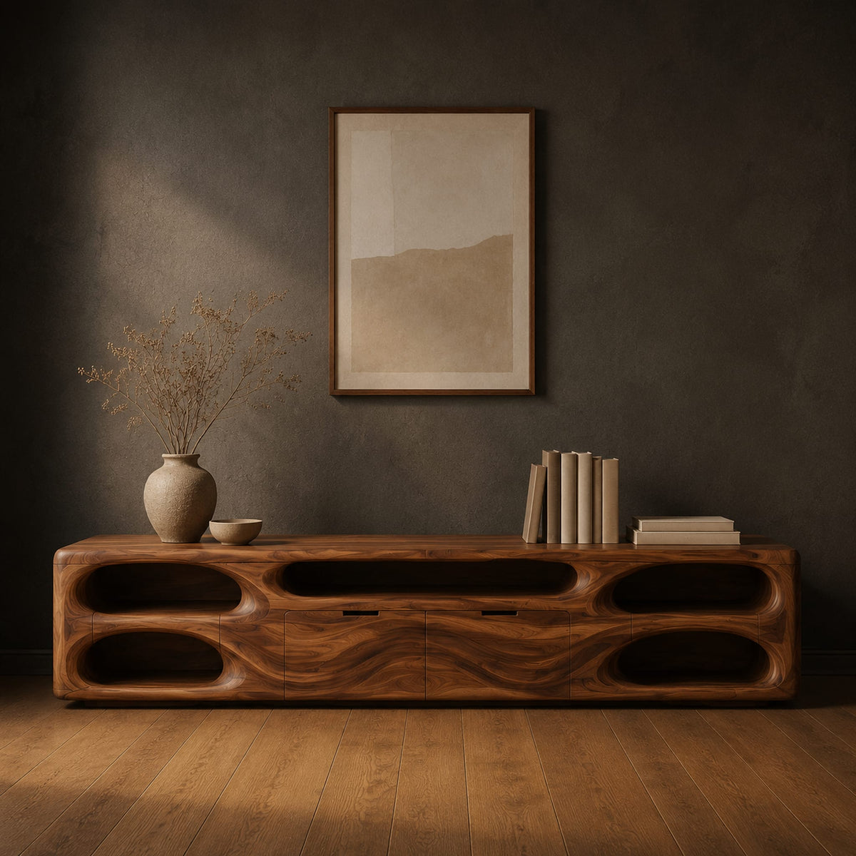 Long tv stand with pill shaped end niches and two center fronts in a dark studio against a charcoal plaster wall
