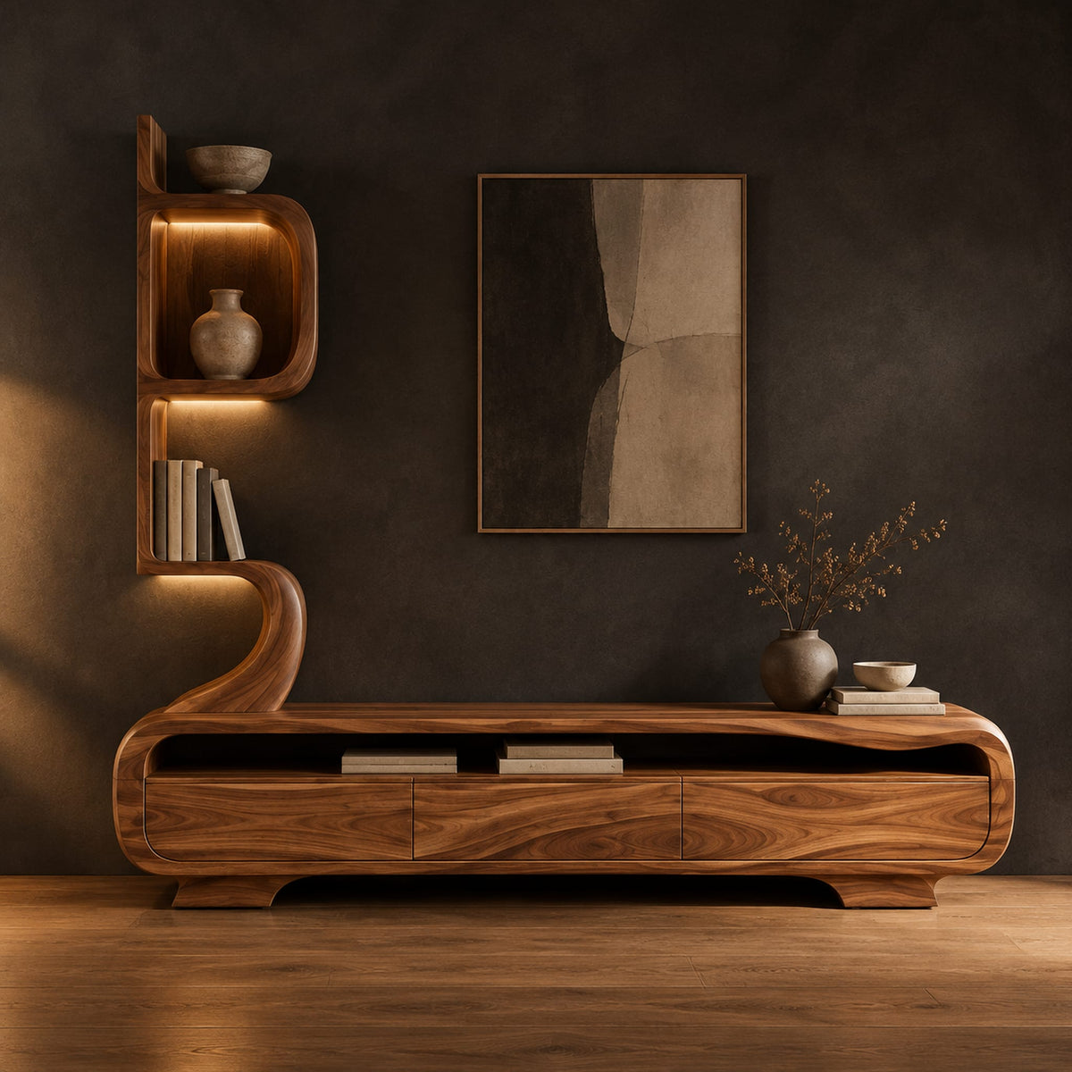 Low media console with a tall sculpted display tower at one end in a dark studio against a charcoal plaster wall