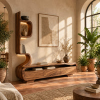 Low media console with a tall sculpted display tower at one end in a bright living room with arched windows and plants