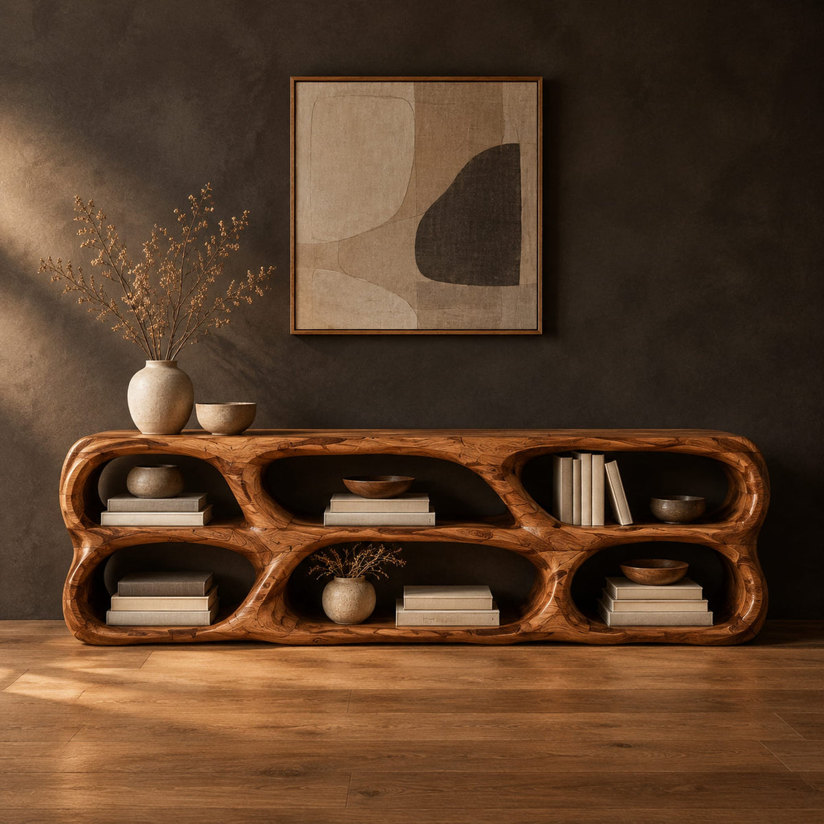 Low wooden tv stand with two rows of sculpted open cells in a dark studio against a charcoal plaster wall