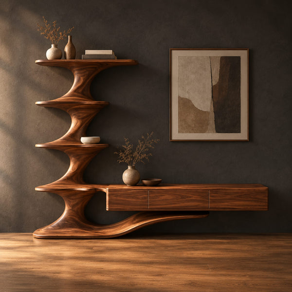 TV Stand With Sculpted Tiered Tower And Long Low Cabinet