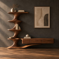 Corner detail of tv stand with a tiered sculpted tower and a long low cabinet beside wood, brass and linen samples