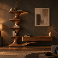 Tv stand with a tiered sculpted tower and a long low cabinet in a dark living room at golden hour