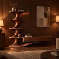 Tv stand with a tiered sculpted tower and a long low cabinet in an evening living room with walnut wall paneling
