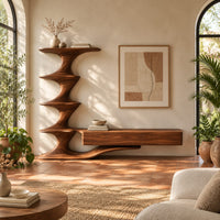Tv stand with a tiered sculpted tower and a long low cabinet in a bright living room with arched windows and plants