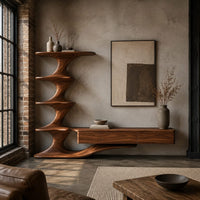 Tv stand with a tiered sculpted tower and a long low cabinet in an industrial loft living room with exposed brick