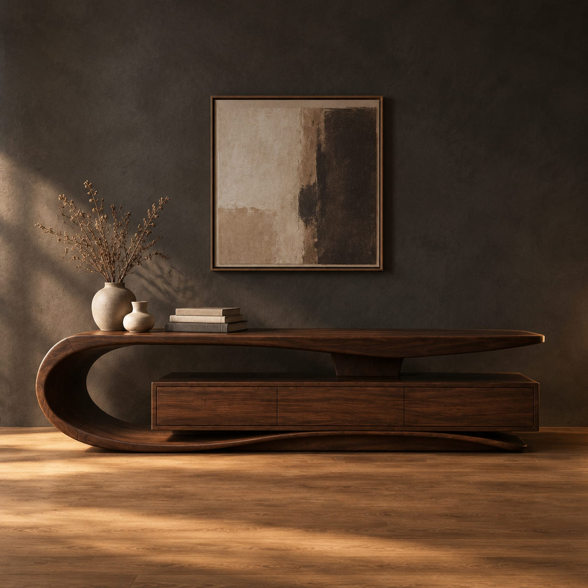 Tv stand with a sweeping loop end and low three panel cabinet in a dark studio against a charcoal plaster wall