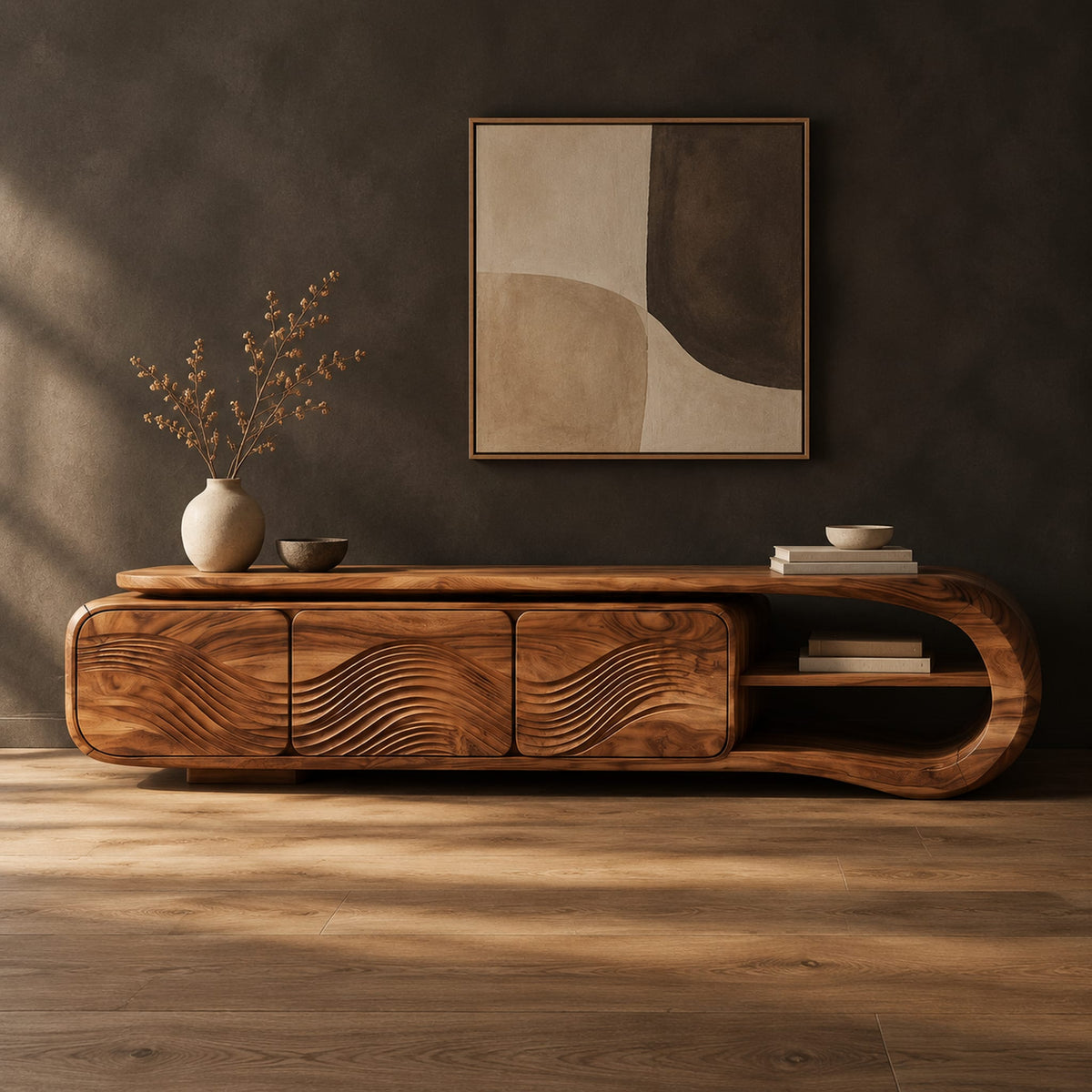 Tv stand with three wave carved fronts and an open looped end shelf in a dark studio against a charcoal plaster wall