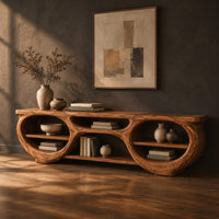 Tv stand with two large oval openings, open shelves and carved organic edges, three-quarter view showing the grain