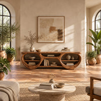 Tv stand with two large oval openings, open shelves and carved organic edges in a bright living room with arched windows and plants