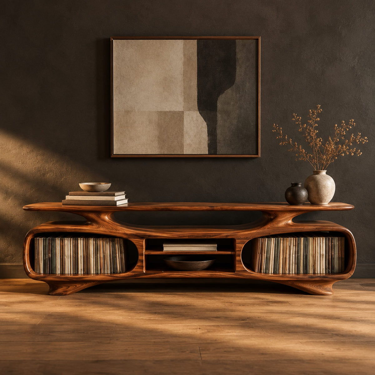 Low tv stand with two oval bays, a center shelf and sculpted feet in a dark studio against a charcoal plaster wall