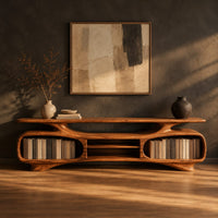 Low tv stand with two oval bays, a center shelf and sculpted feet, three-quarter view showing the grain