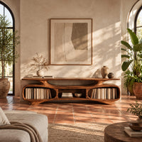 Low tv stand with two oval bays, a center shelf and sculpted feet in a bright living room with arched windows and plants