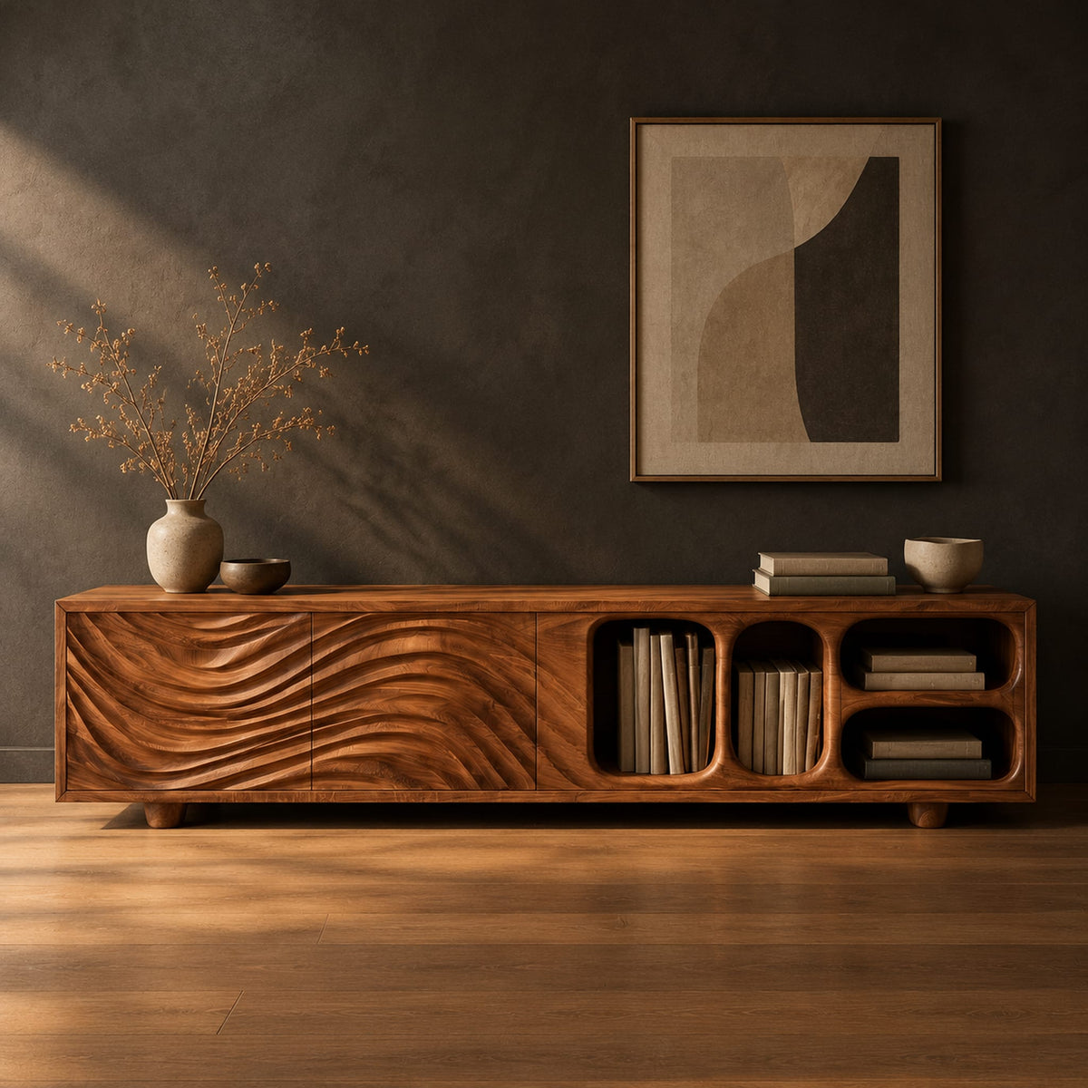 Low tv stand with wave carved fronts and open pill shaped cubbies in a dark studio against a charcoal plaster wall