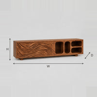 TV Stand With Wave Carved Fronts And Open Pill Shaped Cubbies dimension diagram with width, height and depth