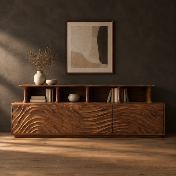 TV Stand With Wave Carved Panels And Raised Open Display Shelf