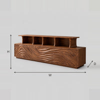 TV Stand With Wave Carved Panels And Raised Open Display Shelf dimension diagram with width, height and depth
