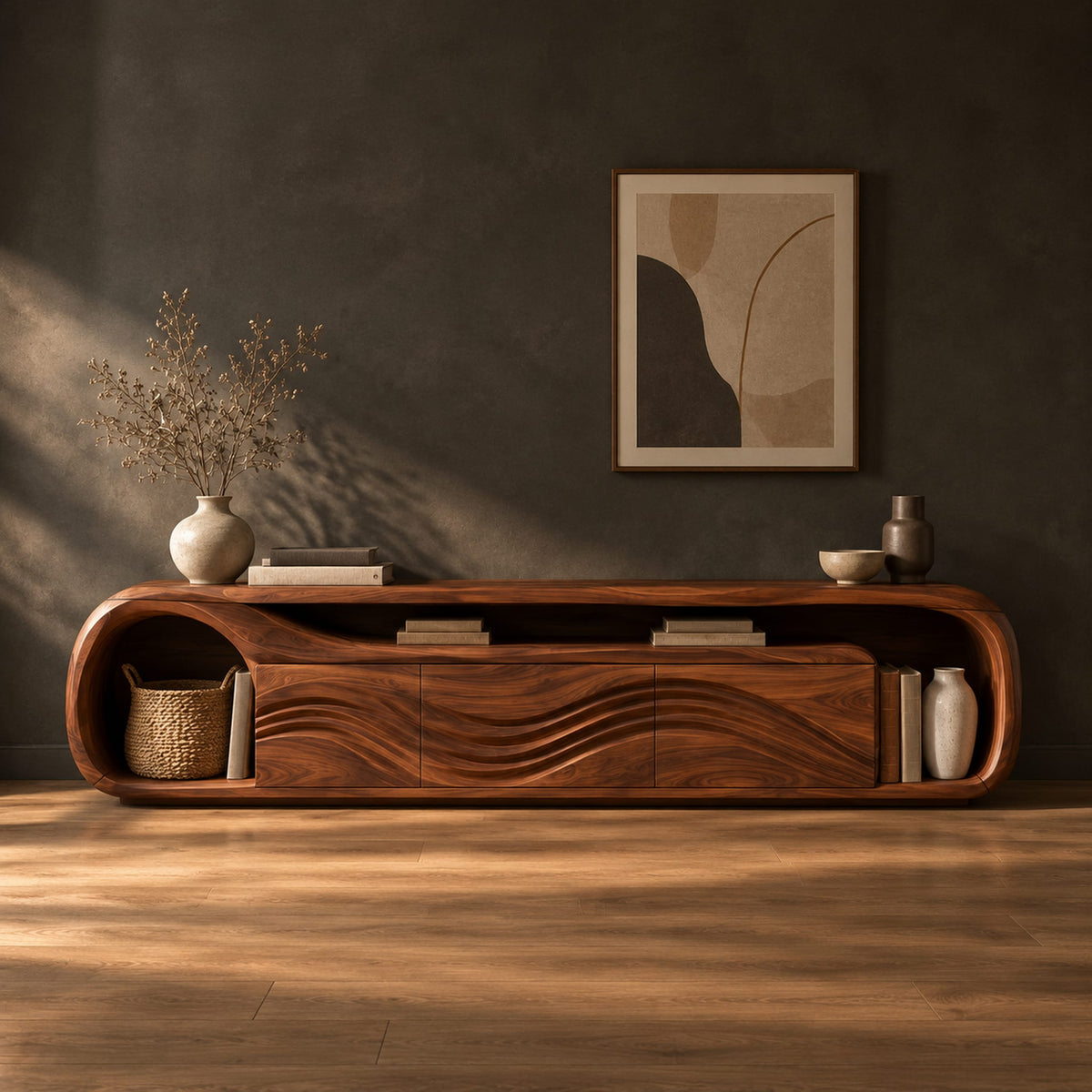 Capsule shaped tv stand with wave relief fronts and an open end niche in a dark studio against a charcoal plaster wall