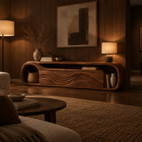 Capsule shaped tv stand with wave relief fronts and an open end niche in an evening living room with walnut wall paneling