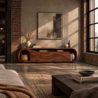 Capsule shaped tv stand with wave relief fronts and an open end niche in an industrial loft living room with exposed brick
