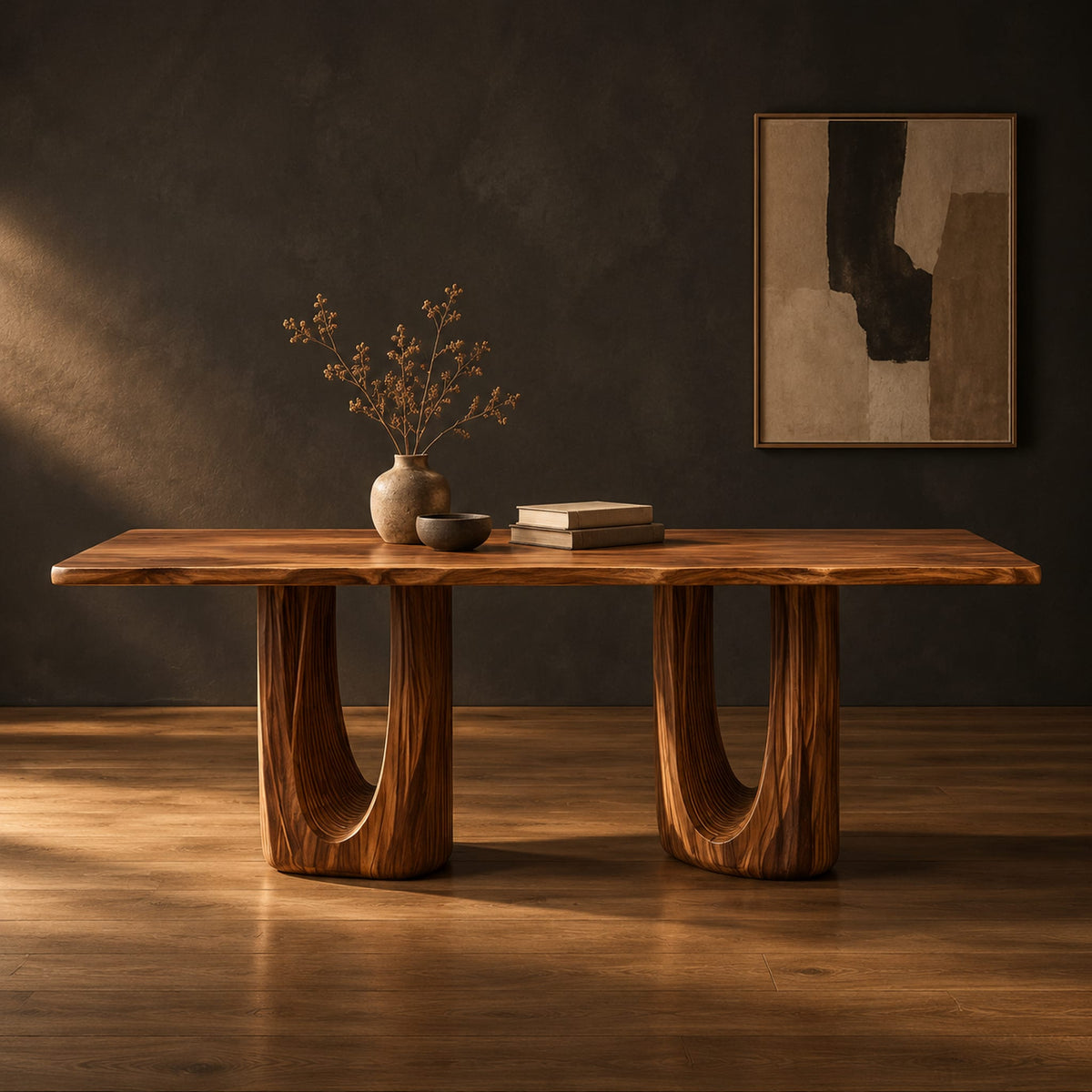 Rectangular dining table with a slab top and twin fluted arch pedestals in a dark studio against a charcoal plaster wall