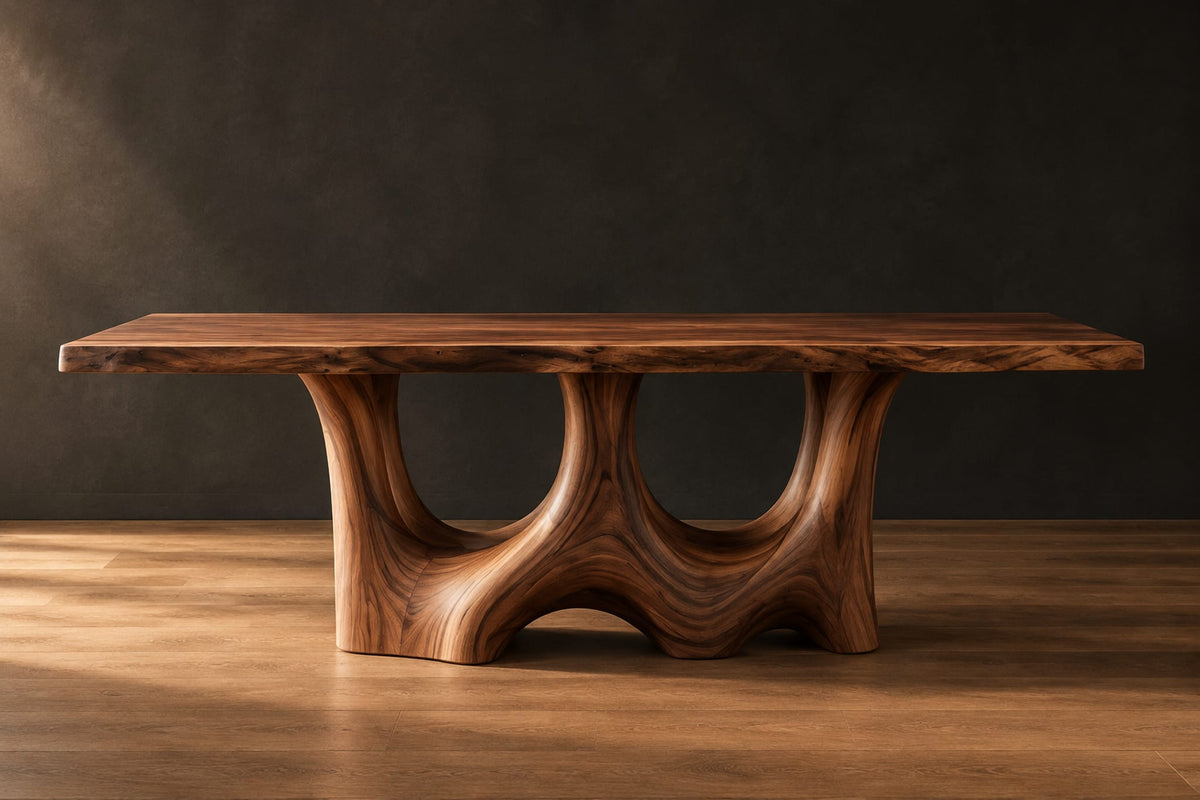 Dining table with a natural edge slab top and two sculpted arch legs in a dark studio against a charcoal plaster wall