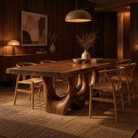 Dining table with a natural edge slab top and two sculpted arch legs in an evening dining room with walnut wall paneling