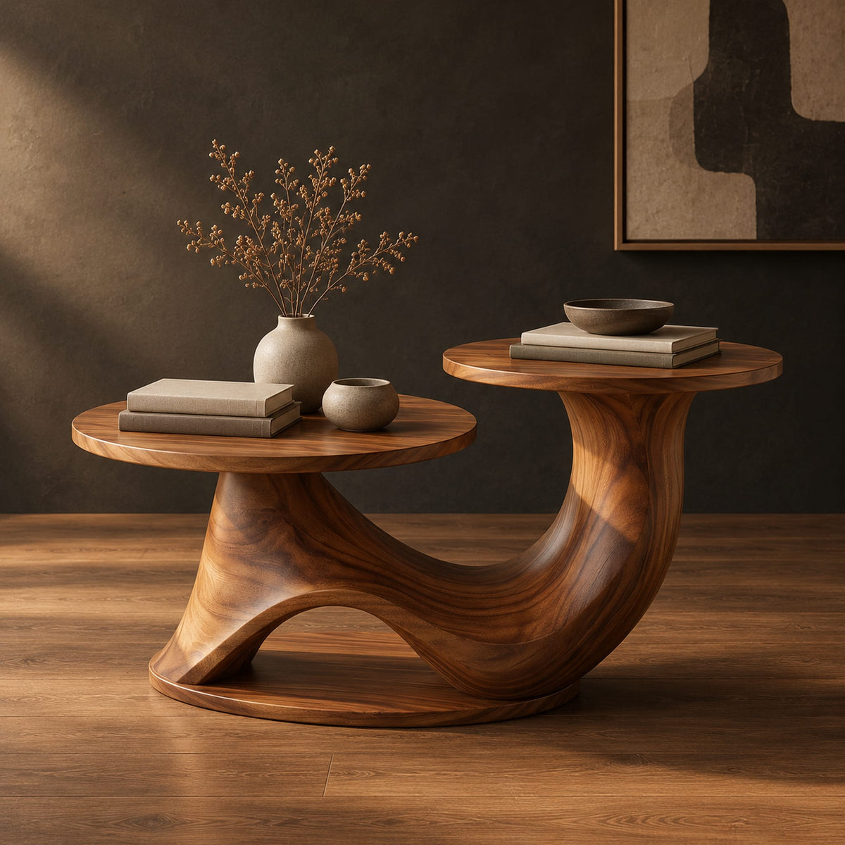Coffee table with two disc tops at different heights on a swooping base in a dark studio against a charcoal plaster wall