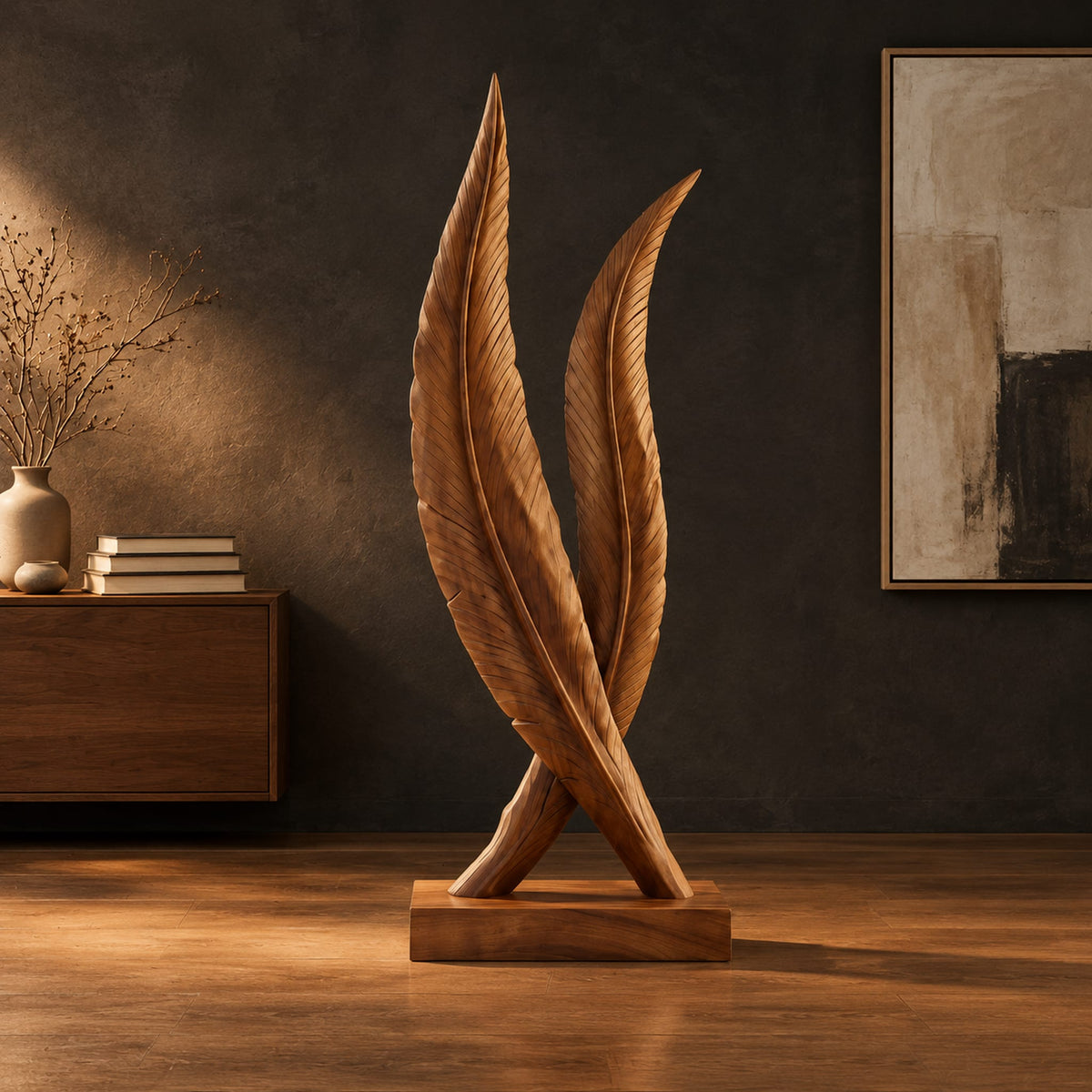 Twin feather sculpture with carved veins crossing over a solid wood plinth in a dark studio against a charcoal plaster wall