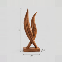Twin Feather Sculpture With Carved Veins, Solid Plinth dimension diagram with width, height and depth