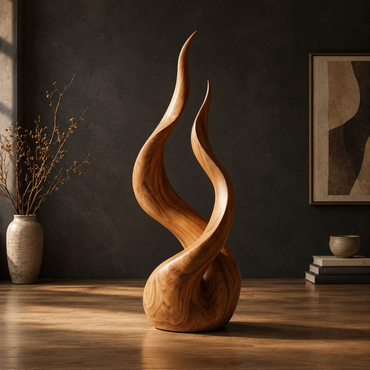 Twin flame wood sculpture with two tall tips and a smooth teardrop base in a dark studio against a charcoal plaster wall
