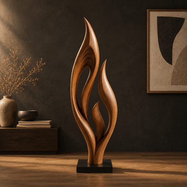 Twin Flame Wood Sculpture With Small Inner Flame And Block Base