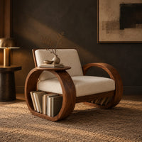 Accent chair with two large hoop shaped side frames and cream cushions in a dark living room at golden hour